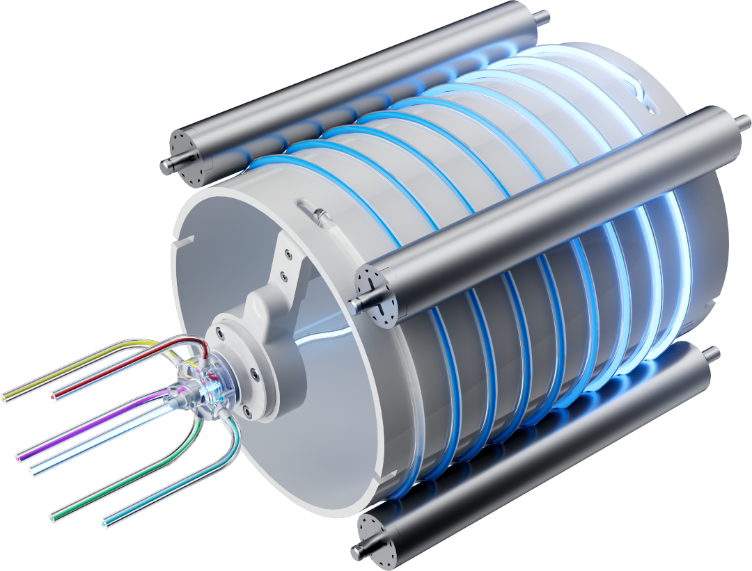 A cylindrical mechanical device with metal rods, blue glowing rings, and four color-coded wires extending from one end.