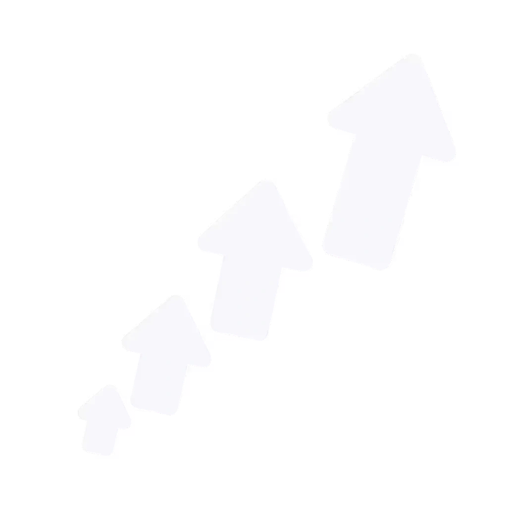 Four white arrows increase in size and point upward diagonally from left to right on a transparent background.