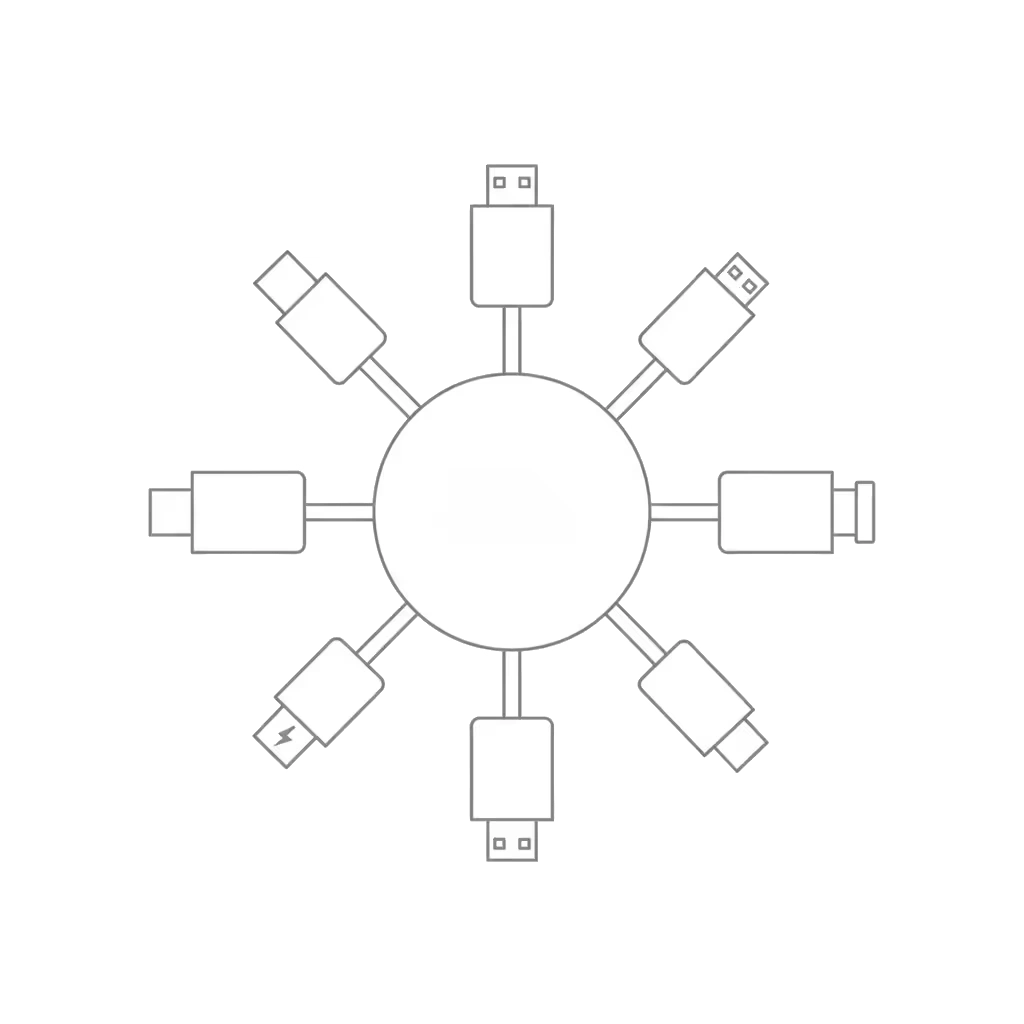 A diagram of a circular USB hub with eight different types of USB connectors radiating outward from the center.