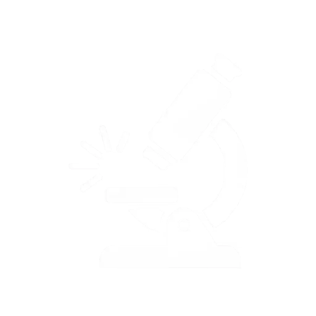 White icon of a microscope with light rays indicating something being examined on the stage, on a transparent background.